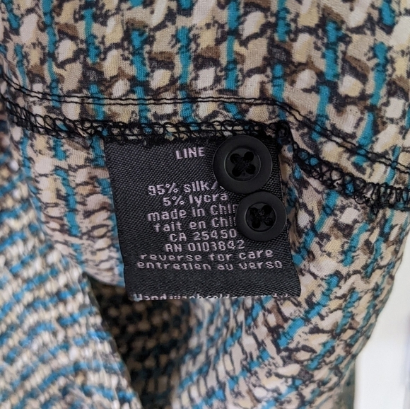 LINE 100% silk abstract print shirt blouse blue brown size Large @T1 - Picture 6 of 10